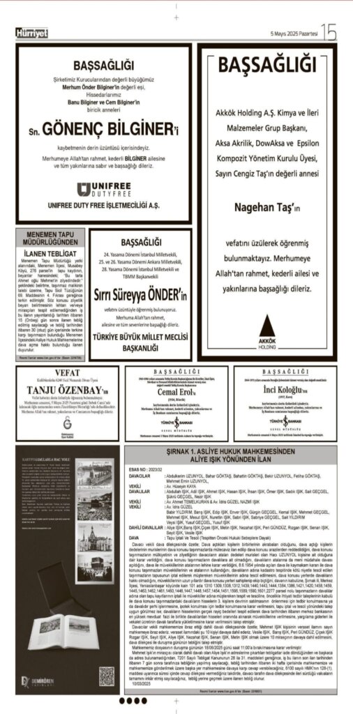 5 Mayıs 2025 Hürriyet Vefat İlanları