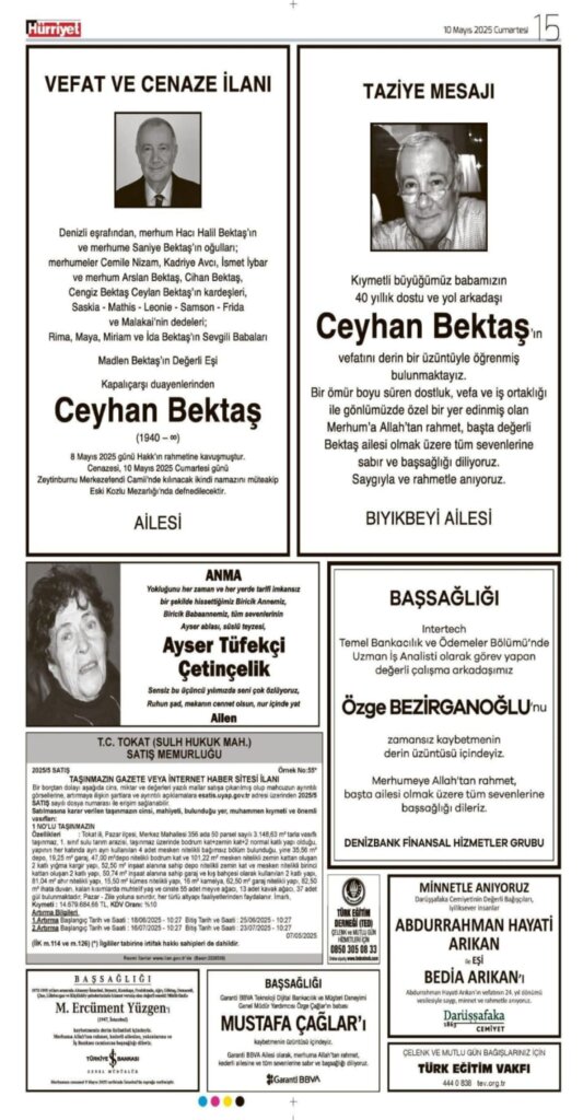 10 Mayıs 2025 Hürriyet Vefat İlanları
