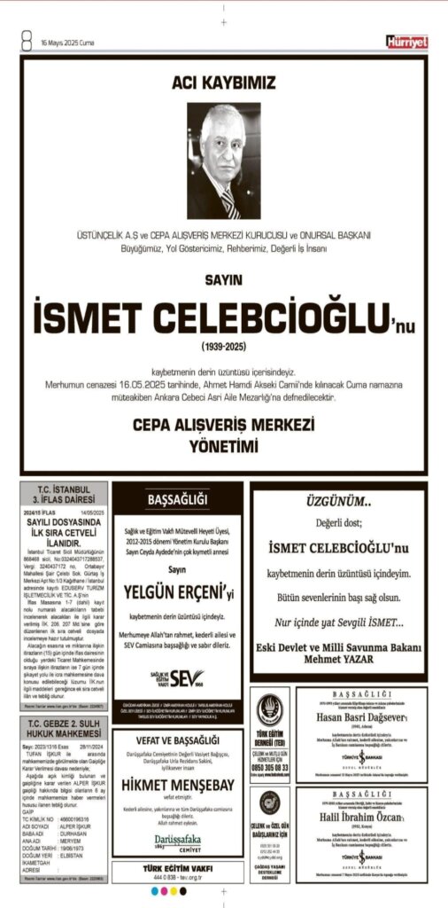 Hürriyet Vefat İlanları 16 05 2025