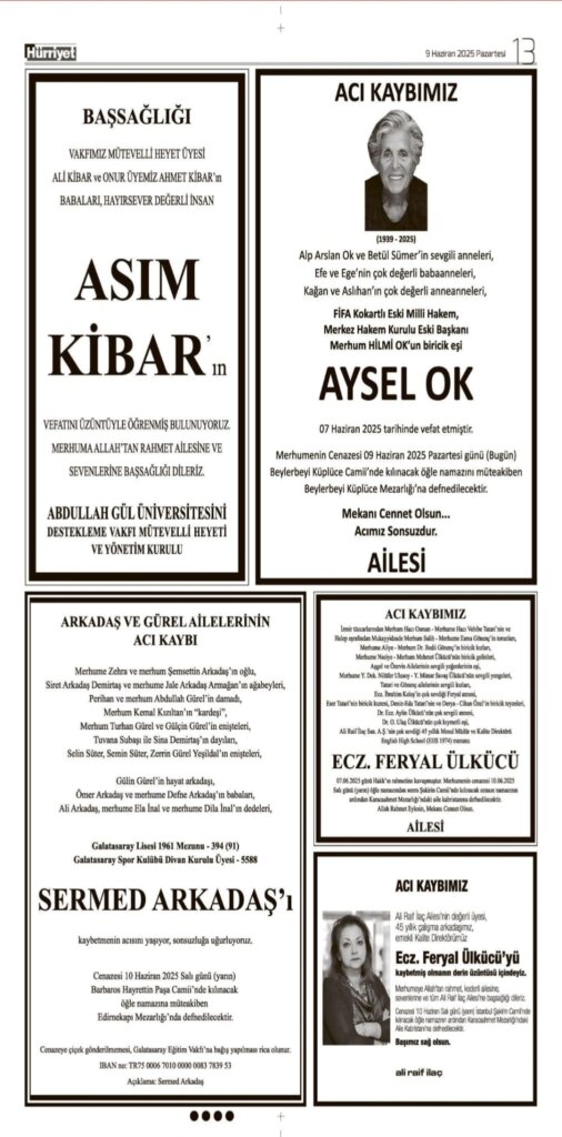 Hürriyet Vefat İlanları 09 06 2025