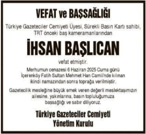 Hürriyet Vefat İlanı; İhsan Başlıcan