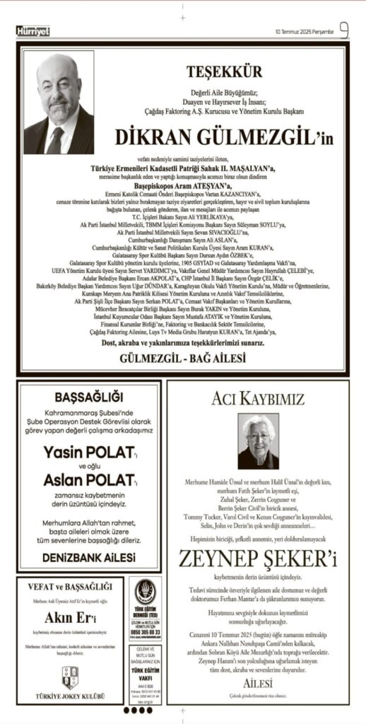 Hürriyet Vefat ilanları 10 07 2025