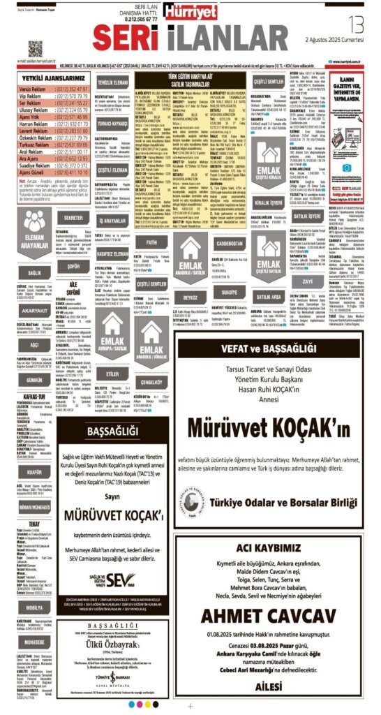 02/08/2025 Hürriyet Vefat ilanları