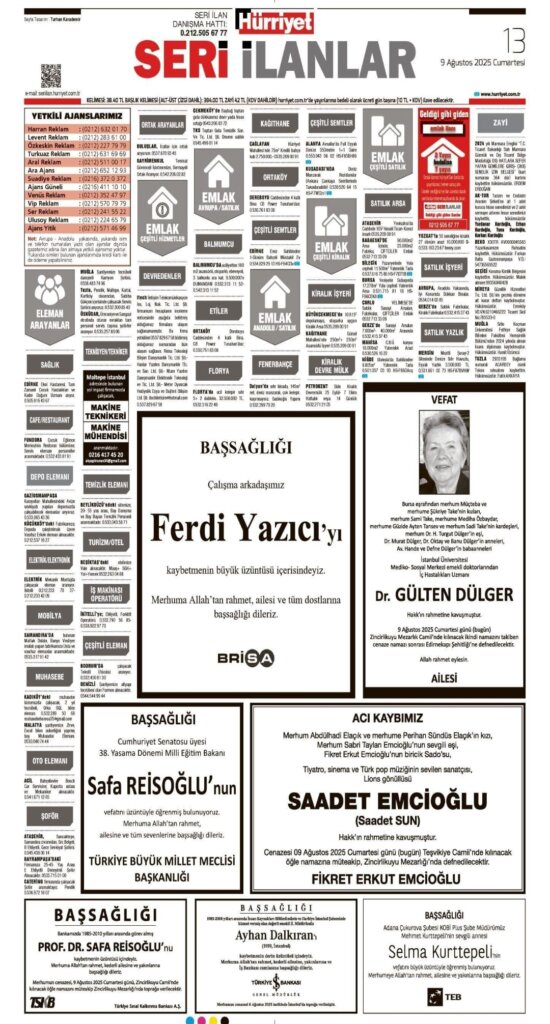 09/08/2025 Hürriyet Vefat ilanları
