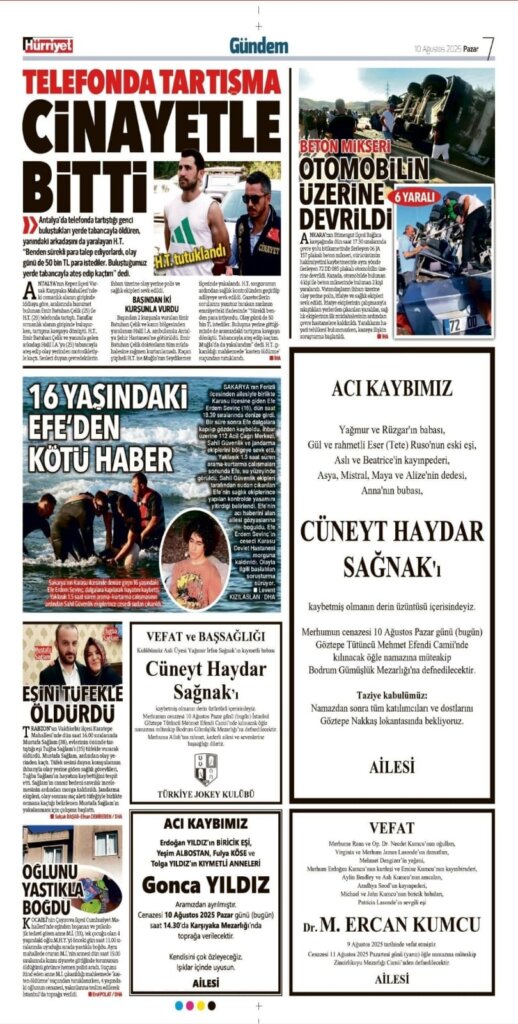 10/08/2025 Hürriyet Vefat ilanları