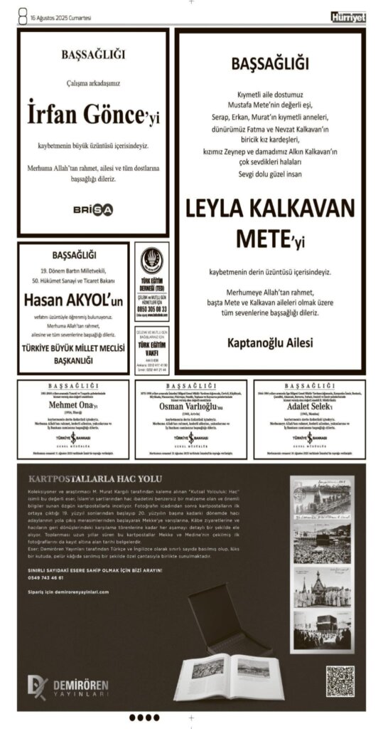 Hürriyet Vefat Teşekkür Anma ilanları 16.08.2025