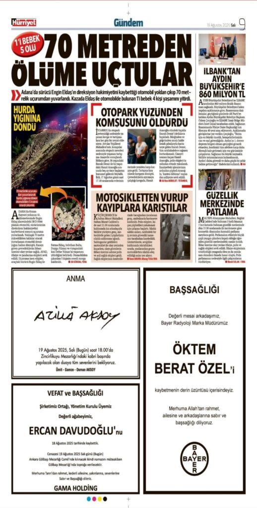 Hürriyet Vefat Teşekkür Anma ilanları 18.08.2025