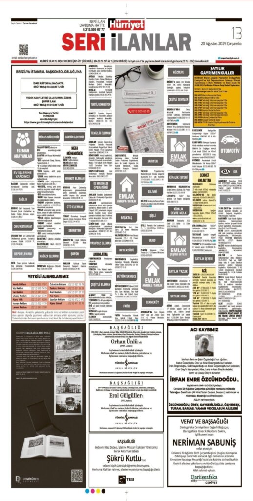 Hürriyet Vefat Teşekkür Anma ilanları 20.08.2025