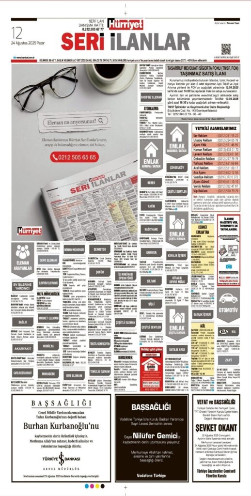 Hürriyet Vefat Teşekkür Anma ilanları 24.08.2025