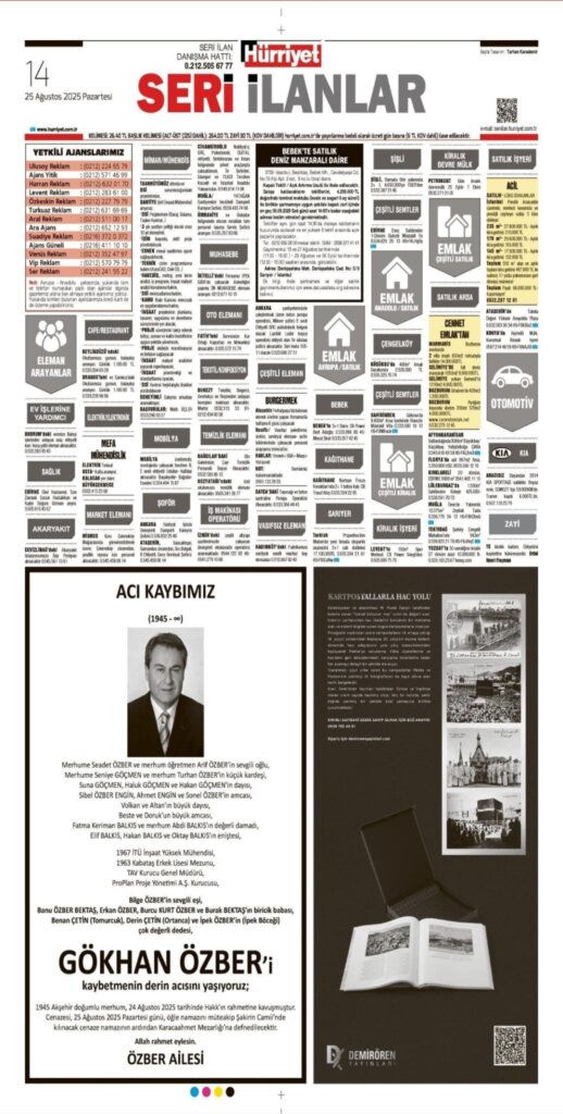Hürriyet Vefat Teşekkür Anma ilanları 25.08.2025