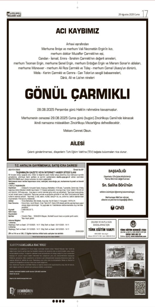 Hürriyet Vefat Teşekkür Anma ilanları 29.08.2025