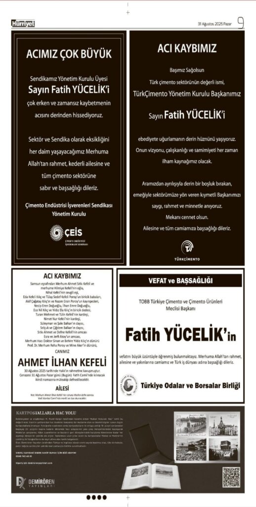 Hürriyet Vefat Teşekkür Anma 31.08.2025 ilanları