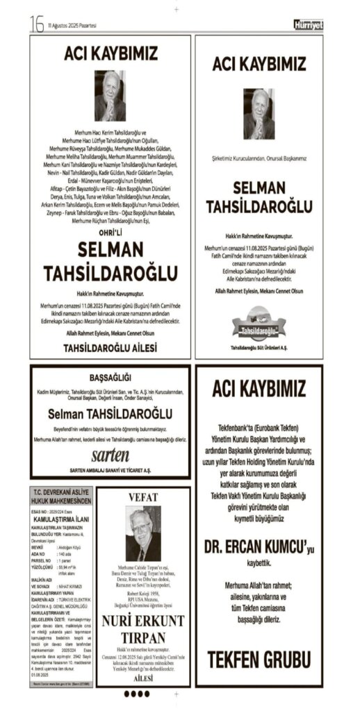 11/08/2025 Hürriyet Vefat ilanları