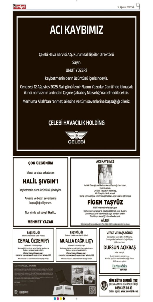 13/08/2025 Hürriyet Vefat ilanları