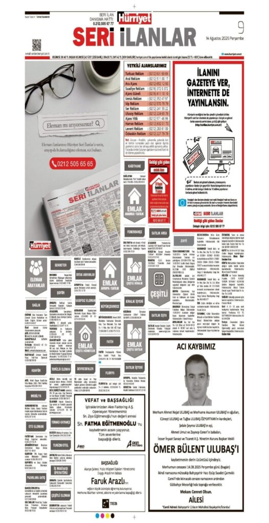 14/08/2025 Hürriyet Vefat ilanları