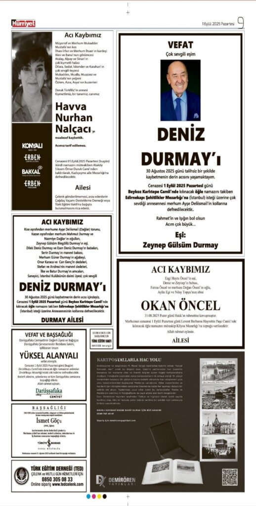 Hürriyet Vefat Teşekkür Anma 01.09.2025 ilanları