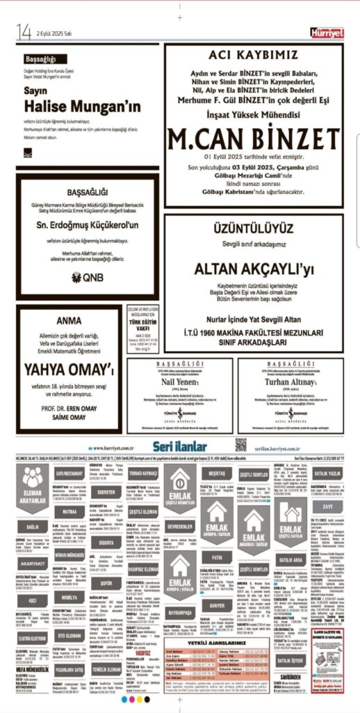 Hürriyet Vefat Teşekkür Anma 02.09.2025 ilanları