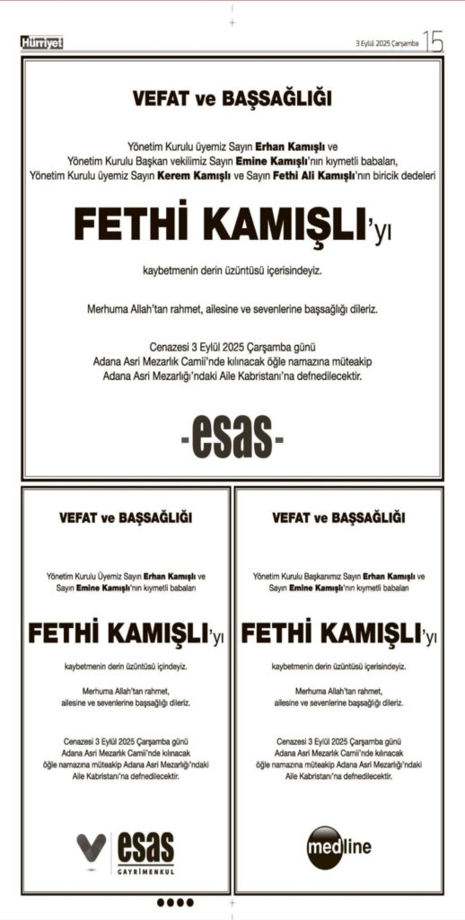 Hürriyet Vefat Teşekkür Anma 03.09.2025 ilanları