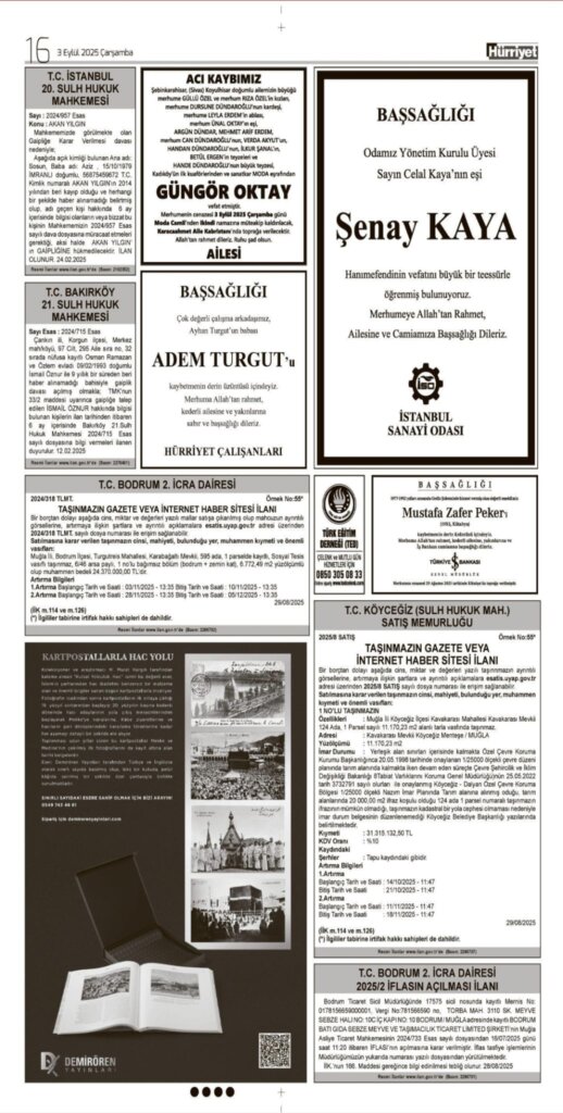 Hürriyet Vefat Teşekkür Anma 03.09.2025 ilanları