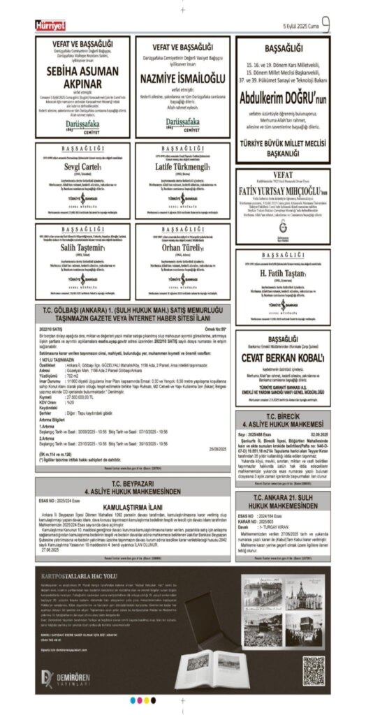 Hürriyet Vefat Teşekkür Anma 05.09.2025 ilanları