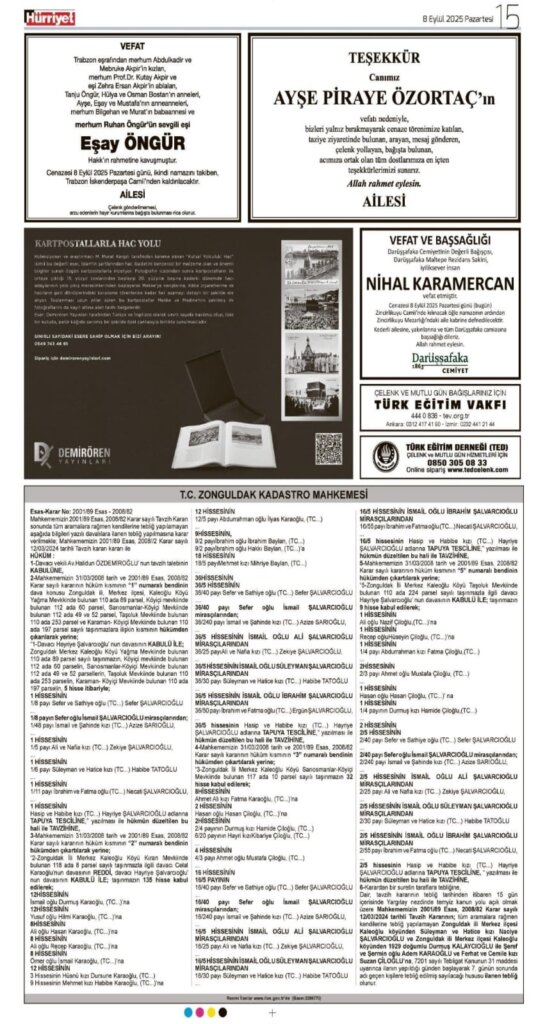 Hürriyet Vefat Teşekkür Anma 08.09.2025 ilanları