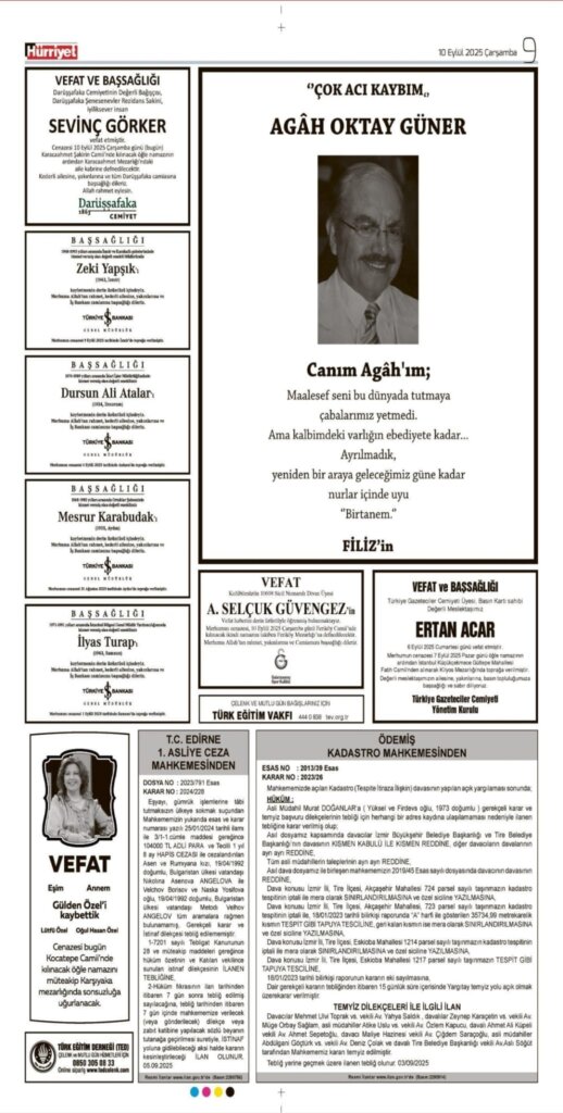 Hürriyet Vefat Teşekkür Anma 10.09.2025 ilanları