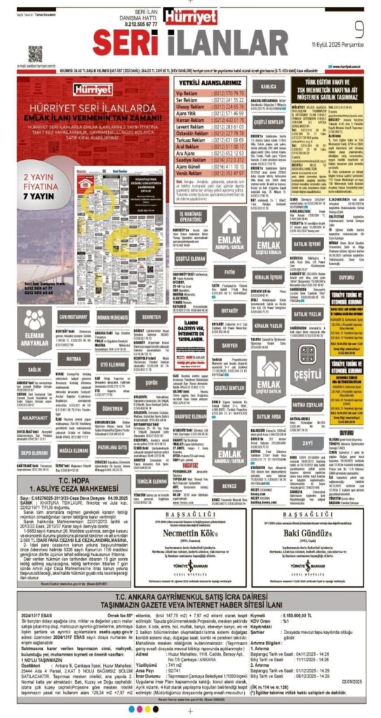 Hürriyet Vefat Teşekkür Anma 11.09.2025 ilanları