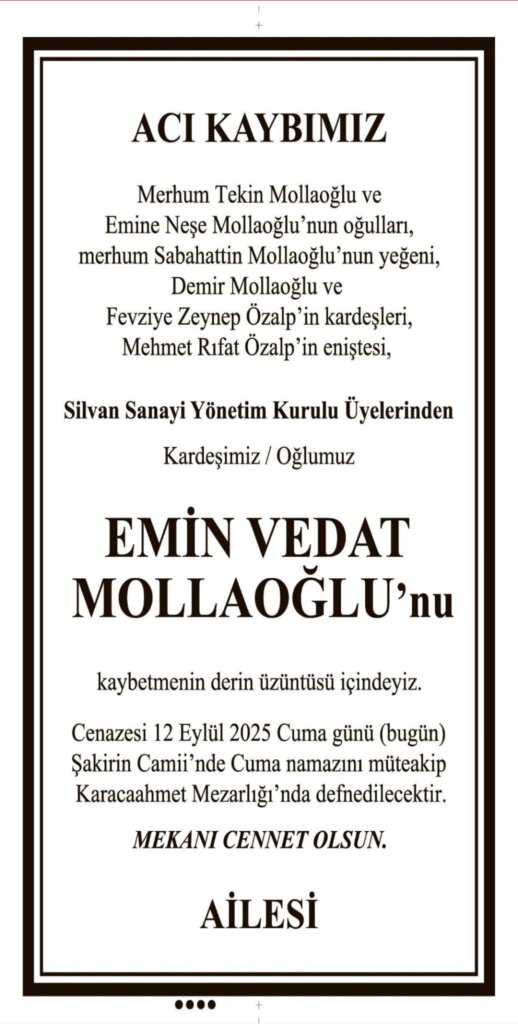 Hürriyet Vefat Teşekkür Anma 12.09.2025 ilanları