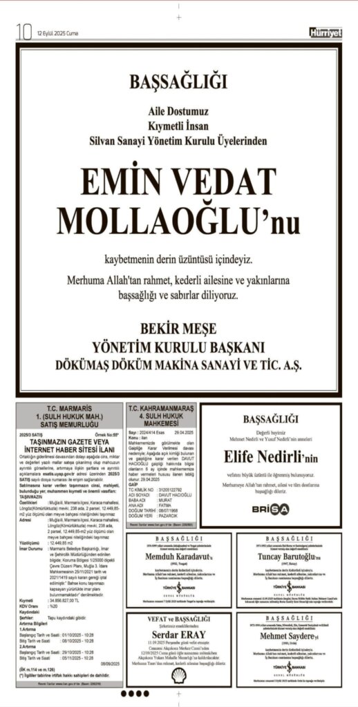 Hürriyet Vefat Teşekkür Anma 12.09.2025 ilanları