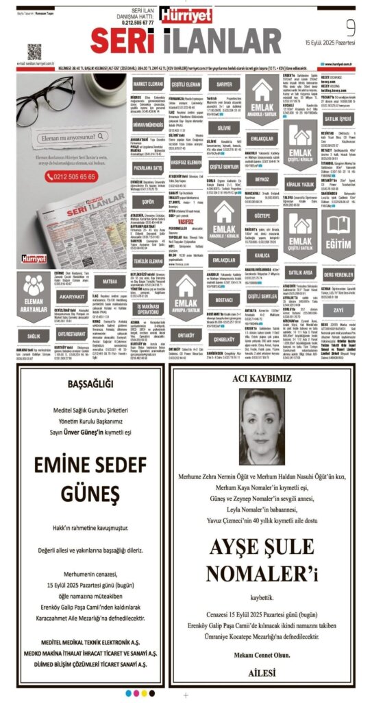Hürriyet Vefat Teşekkür Anma 15.09.2025 ilanları