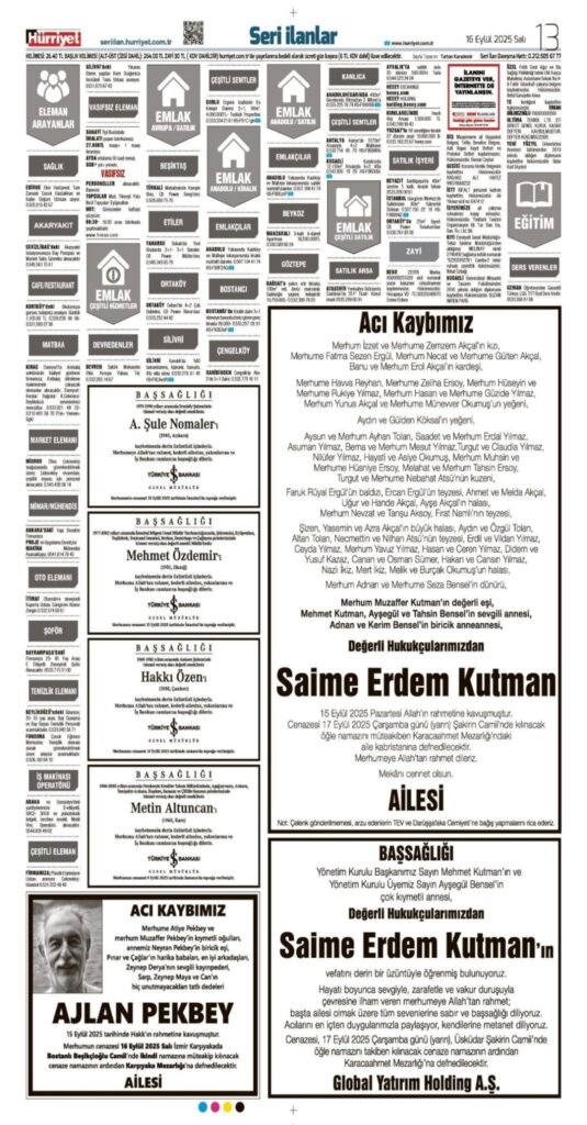 Hürriyet Vefat Teşekkür Anma 16.09.2025 ilanları