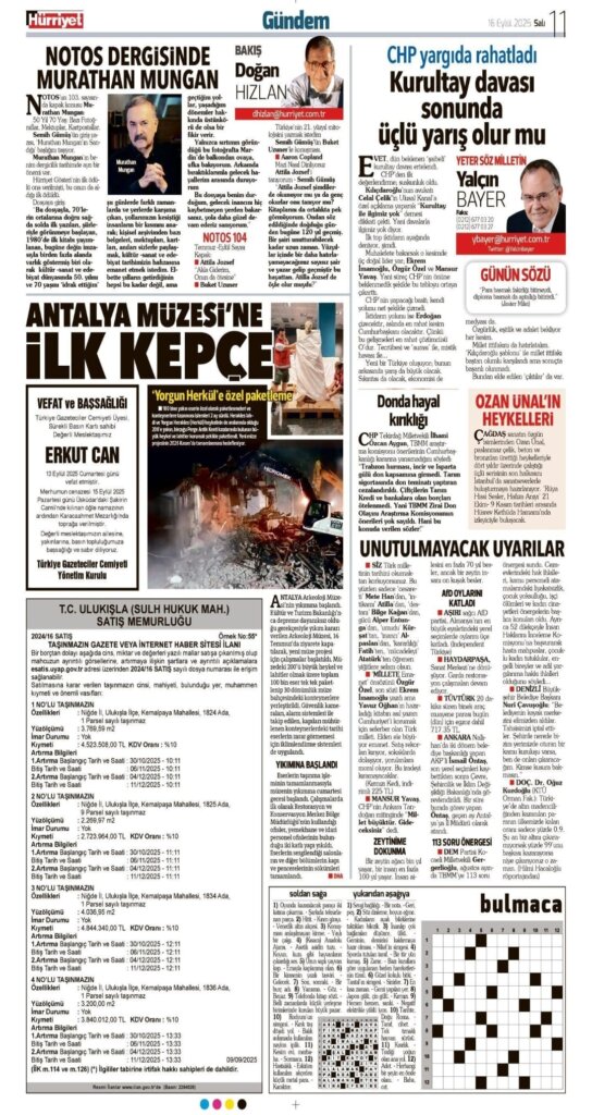 Hürriyet Vefat Teşekkür Anma 16.09.2025 ilanları