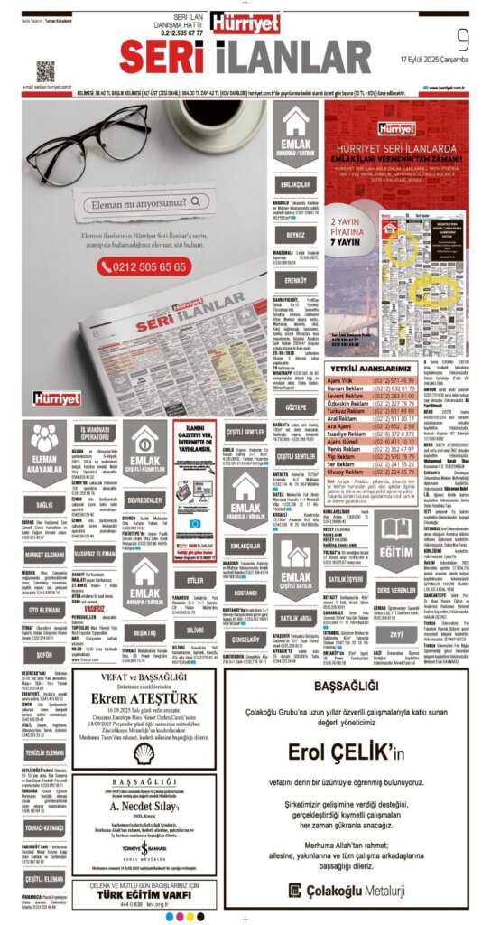 Hürriyet Vefat Teşekkür Anma 17.09.2025 ilanları