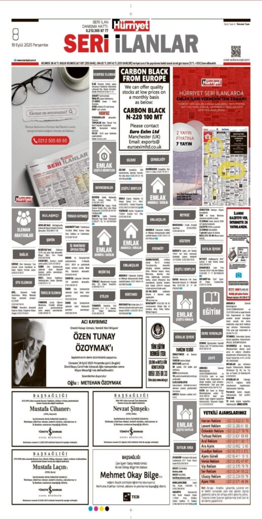 Hürriyet Vefat Teşekkür Anma 18.09.2025 ilanları