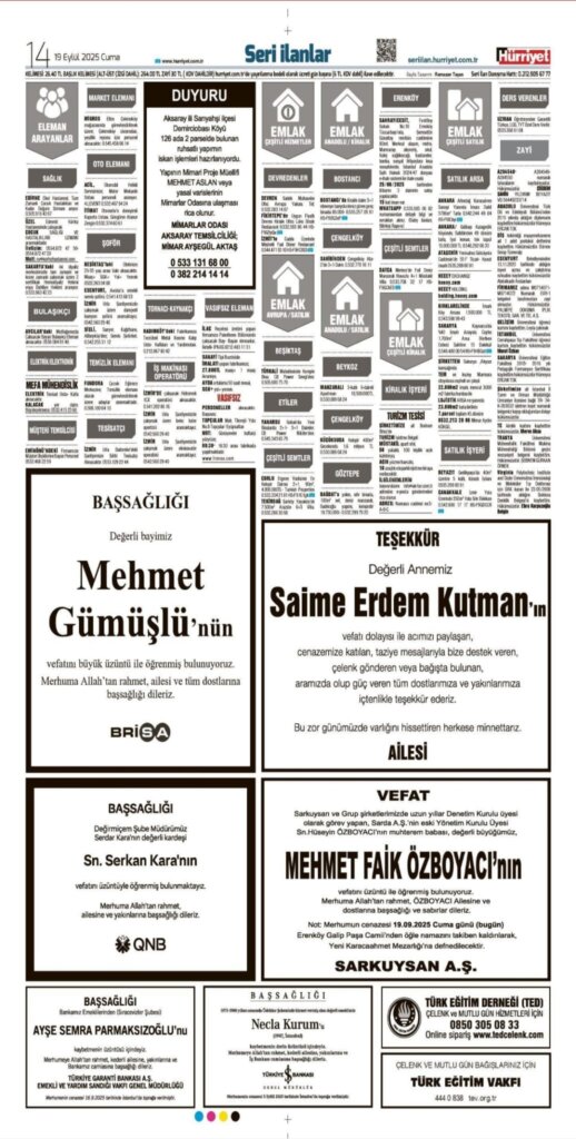 Hürriyet Vefat Teşekkür Anma 19.09.2025 ilanları