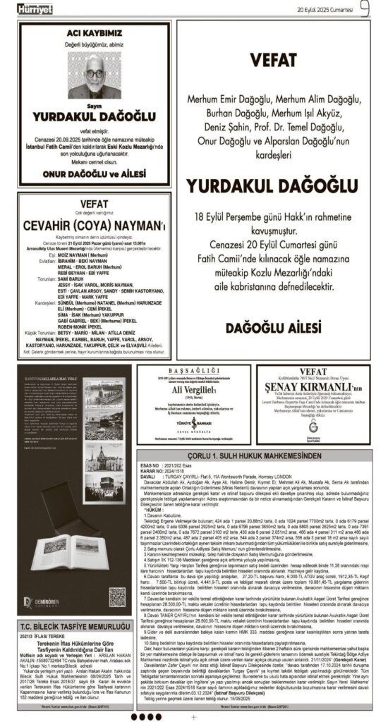 Hürriyet Vefat Teşekkür Anma 20.09.2025 ilanları