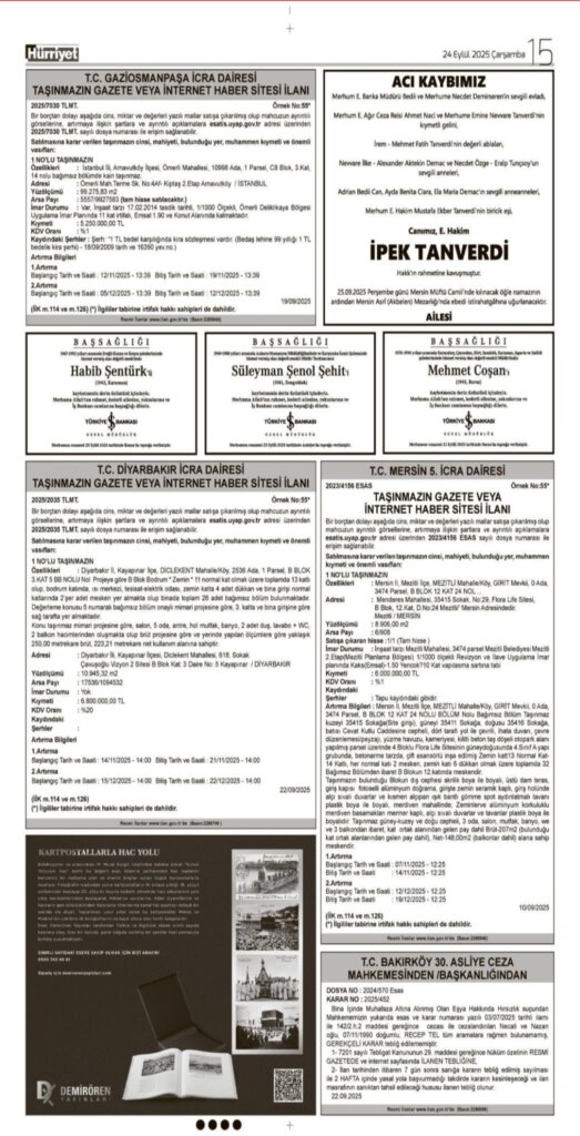 Hürriyet Vefat Teşekkür Anma | Bugünkü ilanlar 24.09.2025