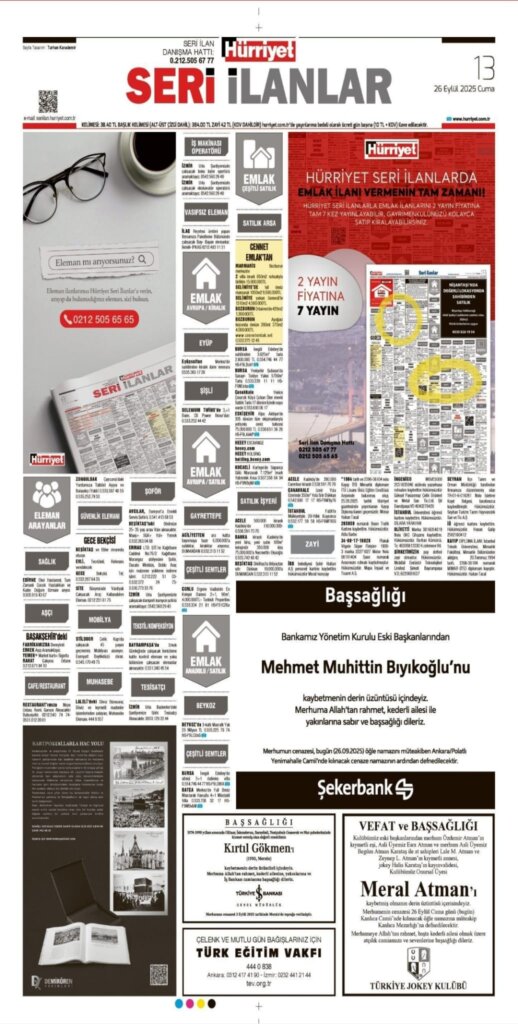 Hürriyet Vefat Teşekkür Anma | Bugünkü ilanlar 26.09.2025