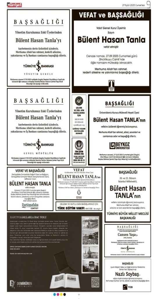 Hürriyet Vefat Teşekkür Anma | Bugünkü ilanlar 27.09.2025