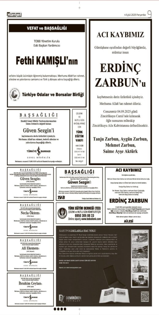 Hürriyet Vefat Teşekkür Anma 04.09.2025 ilanları