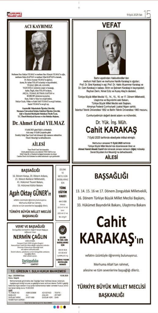 Hürriyet Vefat Teşekkür Anma 09.09.2025 ilanları
