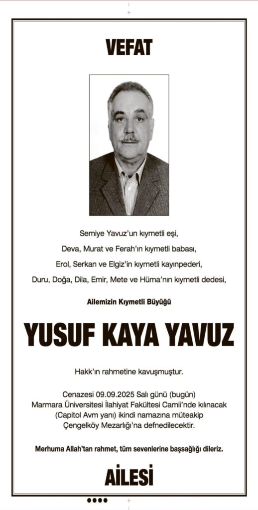 Hürriyet Vefat Teşekkür Anma 09.09.2025 ilanları