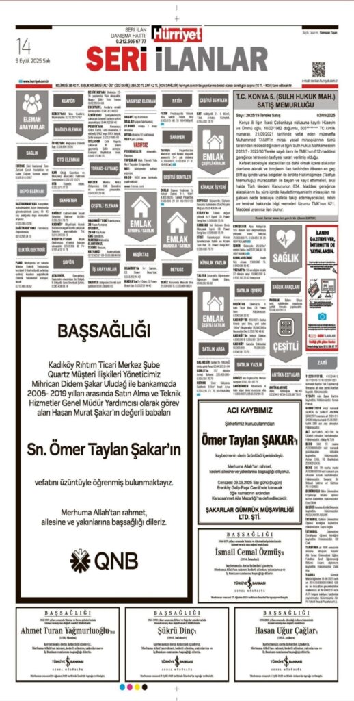 Hürriyet Vefat Teşekkür Anma 09.09.2025 ilanları