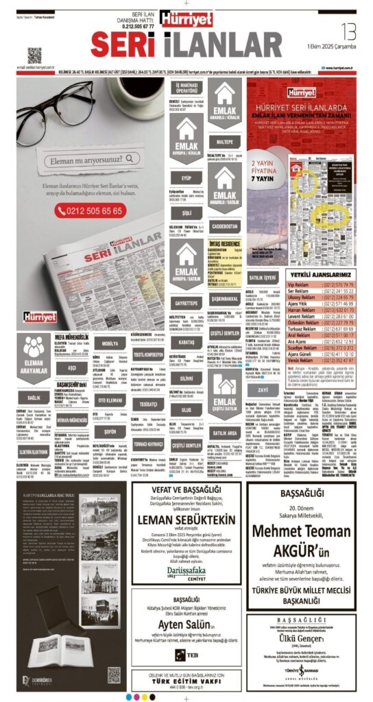 Hürriyet Vefat Teşekkür Anma | Bugünkü ilanlar 01.10.2025