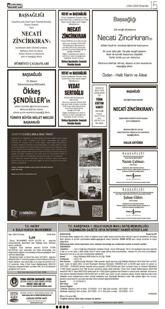 Hürriyet Vefat Teşekkür Anma | Bugünkü ilanlar 02.10.2025