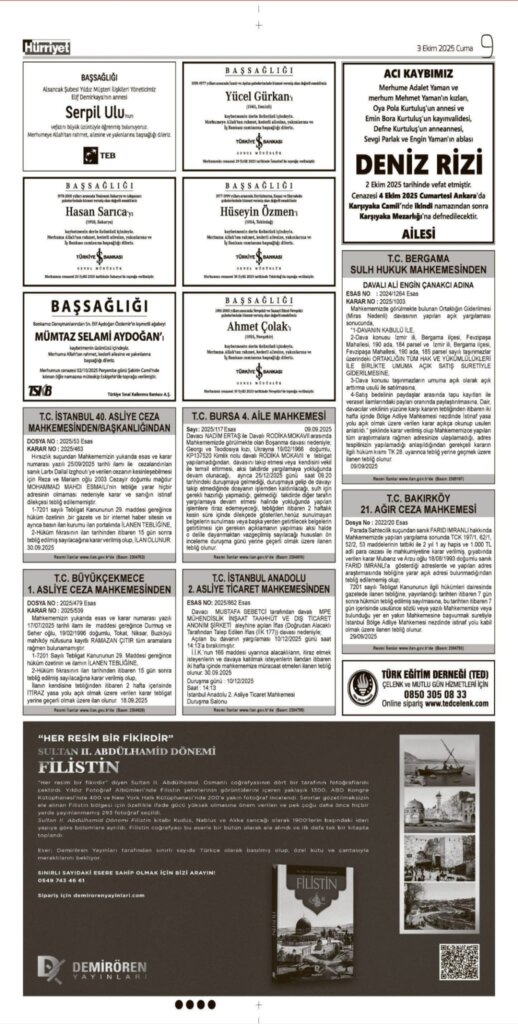 Hürriyet Vefat Teşekkür Anma | Bugünkü ilanlar 03.10.2025