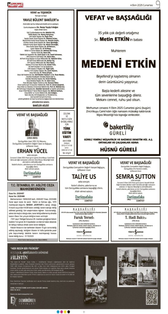 Hürriyet Bugünkü Vefat Teşekkür Anma ilanları 04.10.2025
