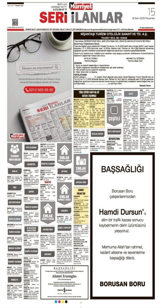 Hürriyet Bugünkü Vefat Teşekkür Anma ilanları 16.10.2025