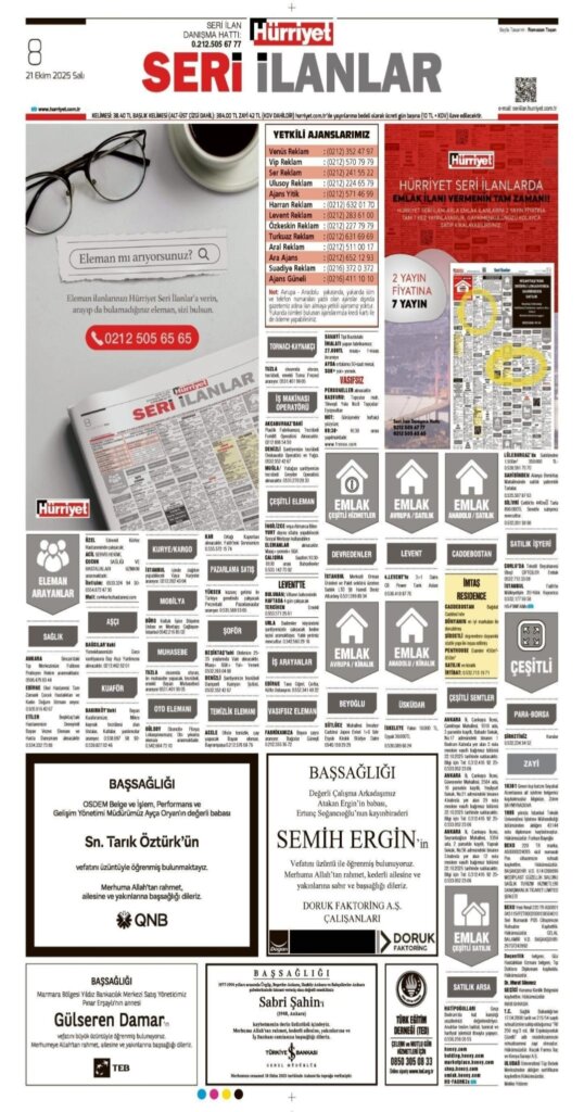 Hürriyet Bugünkü Vefat Teşekkür Anma ilanları 21.10.2025