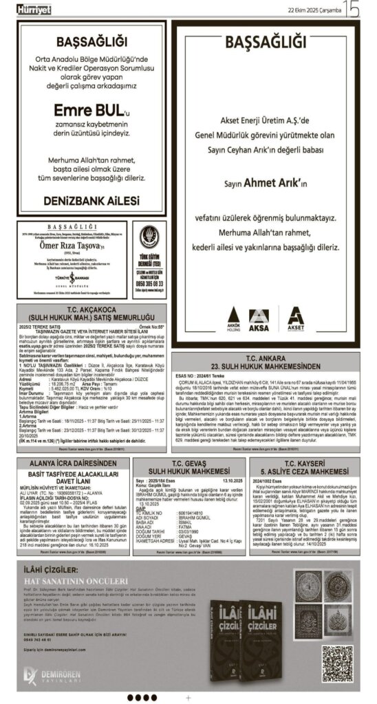 Hürriyet Bugünkü Vefat Teşekkür Anma ilanları 22.10.2025